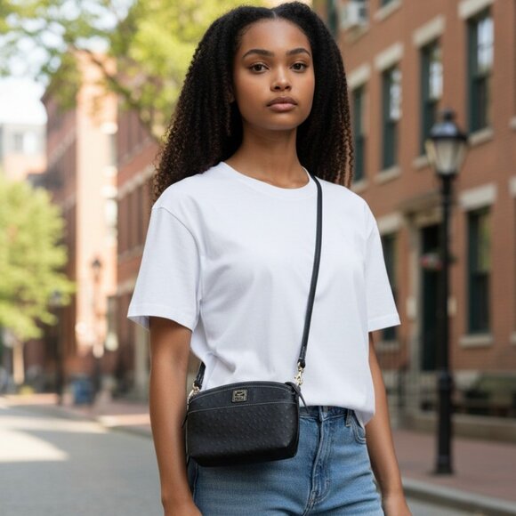 Dooney & Bourke Black Domed Ostrich Embossed Leather Crossbody – Like New - Picture 2 of 7